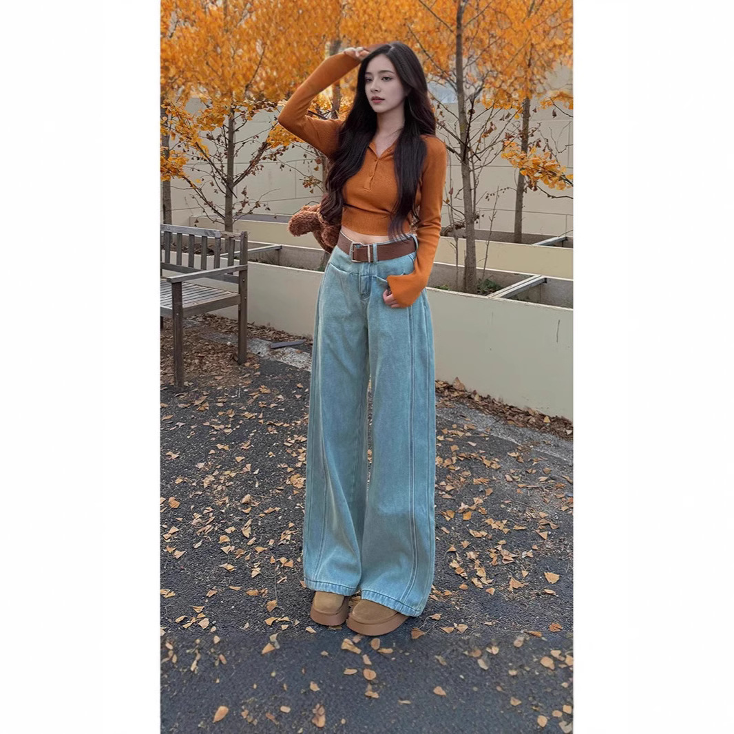 라이트 블루 넓은 벨트 기모 넓은 다리 청바지 여성의 2024 겨울 새로운 높은 허리 슬리밍 걸레 바지 허리