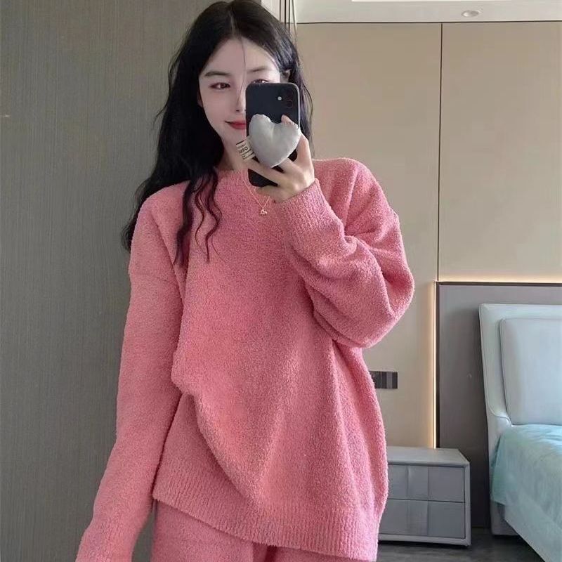 半边绒粉色加厚睡衣套装女2025秋冬季加绒毛绒针织家居服可外穿|undefined