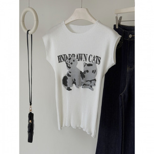 American Cat Print New Short-sleeved T-shirt Women's Summer Design Sense Slim-fit Slimming Spice Girl Knit Shirt Small Top