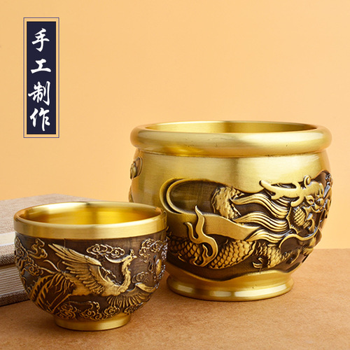 Brass ornaments cornucopia with lid, rice vat, copper vat, retro Jucai Baifu finely carved ashtray manufacturer wholesale