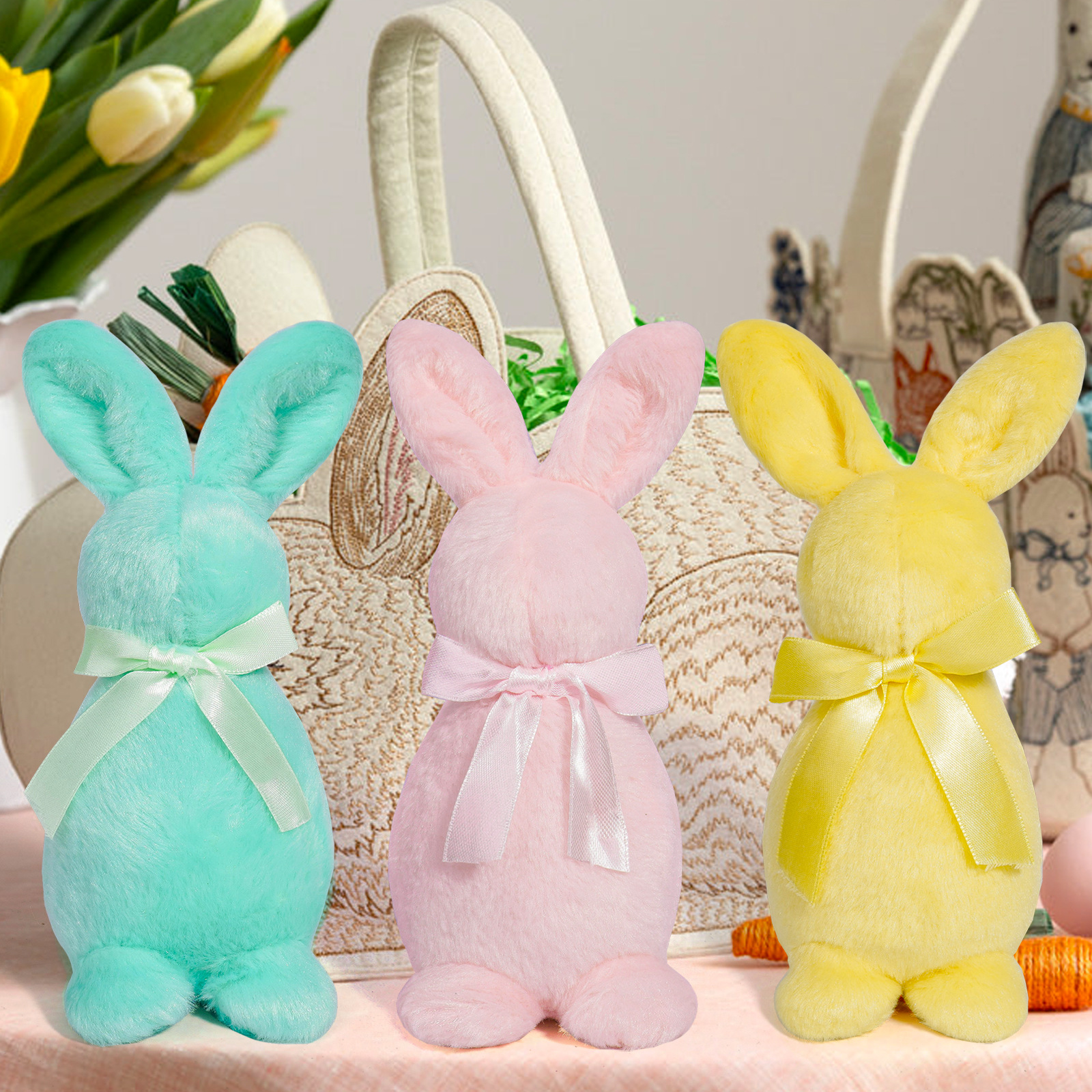 Nuevos productos transfronterizos de conejo de Pascua muñeca de peluche arco amarillo rosa azul adornos de regalo adornos de decoración