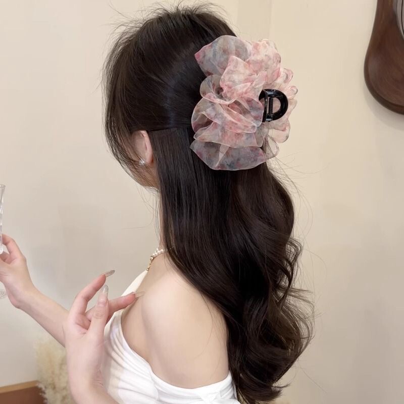 蝶結びヘアピン、雲花柄シアサッカーヘアピン、女性用後頭部グリッパー、高級シャーククリップ、大型ヘアアクセサリー|undefined