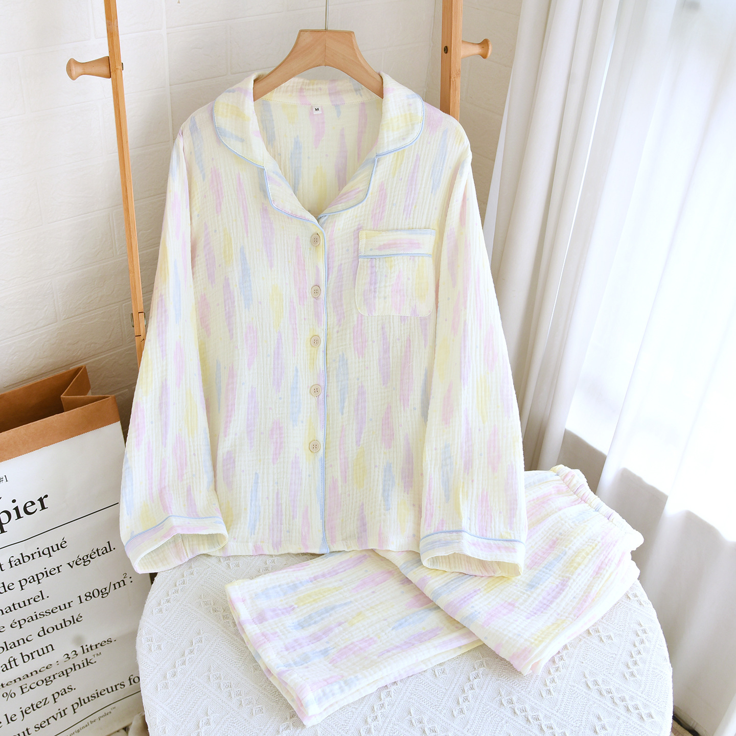 Spring and Summer New Double-Layer Cotton Gauze Pajamas Set, Bra-Free, Breathable, Comfortable and Loose Home Clothes Wholesale