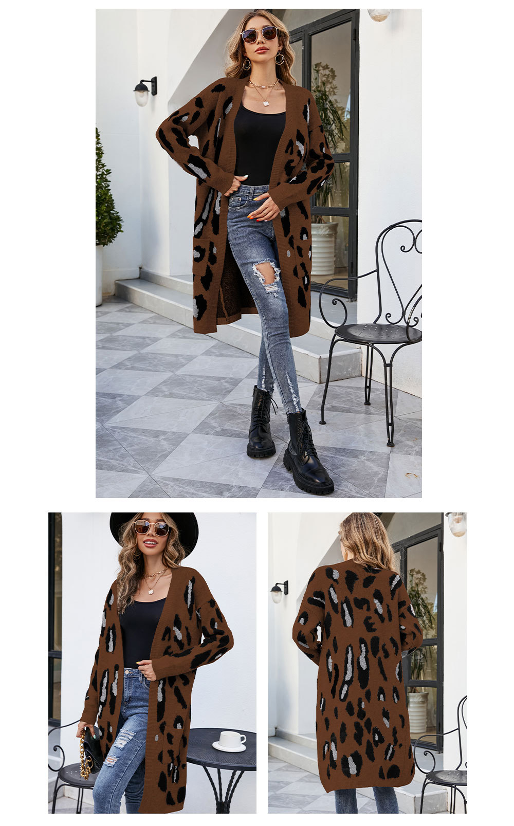 loose long sleeve Leopard Knit Cardigan NSWJY137430