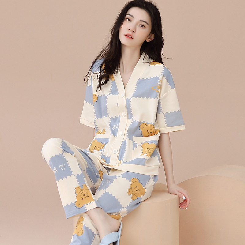 100% Pure Cotton Women's Summer Short-Sleeve Long Pants Thin V-Neck Sleepwear for Students, New Style, Suitable for Wearing Outside, All-Cotton Loungewear 100% Pure Cotton Women's Summer Short-Sleeve Long Pants Thin V-Neck Sleepwear for Students, New Style, Suitable for Wearing Outside, All-Cotton Loungewear