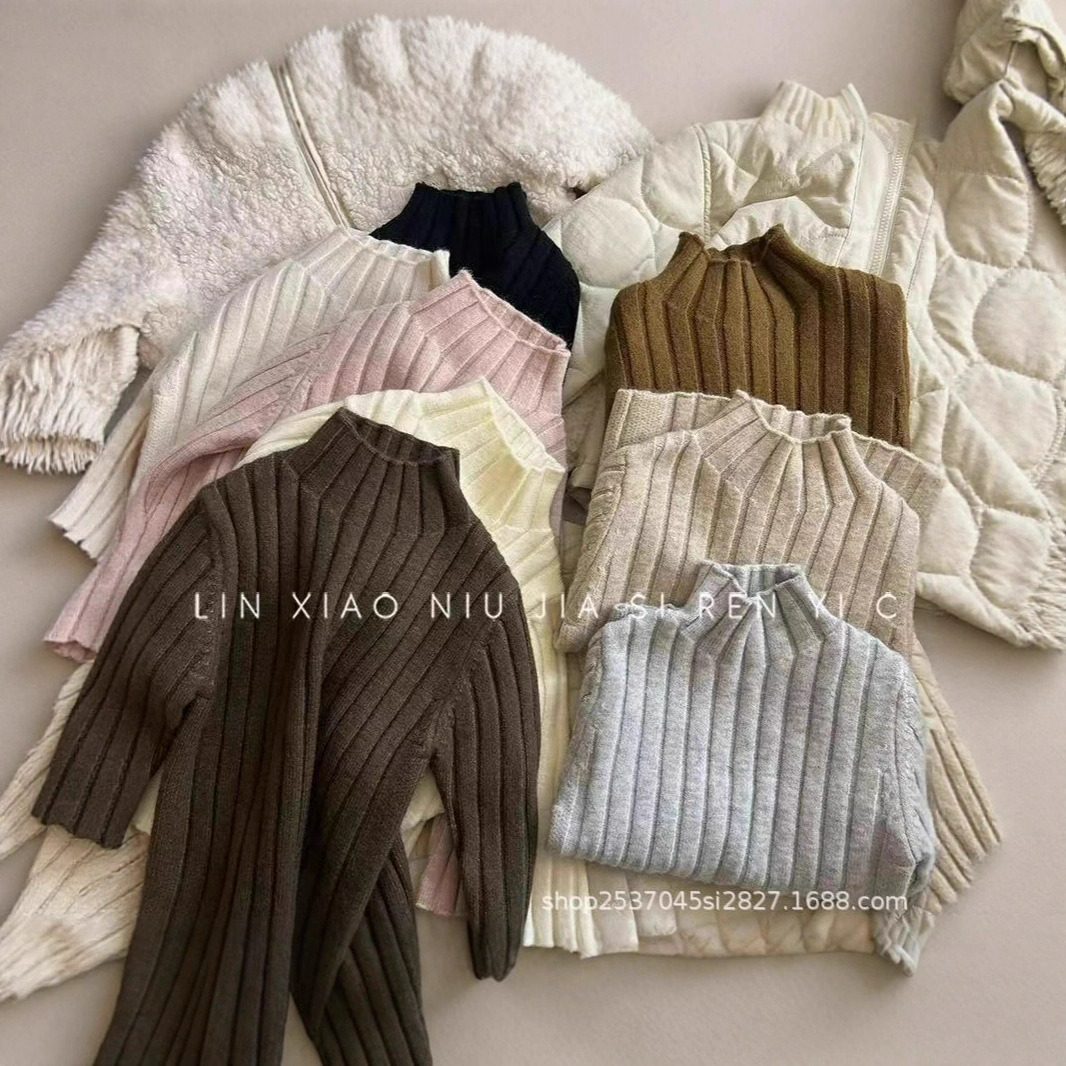 Girls' sweater, winter style, solid color, ribbed, high neck, versatile pullover, thick and warm.