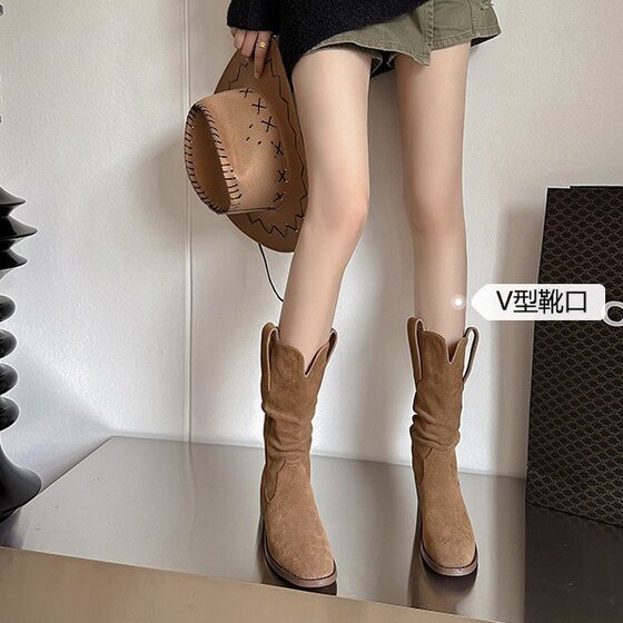 Pleated Heap Boots 2024 New Summer Thick Heel V-Mouth Slimming All-Match Mid-Barrel American Style Retro Western Cowboy Boots