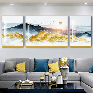 背靠金山客厅装饰画现代轻奢沙发背景墙三联挂画新中式山水画壁画-阿里巴巴