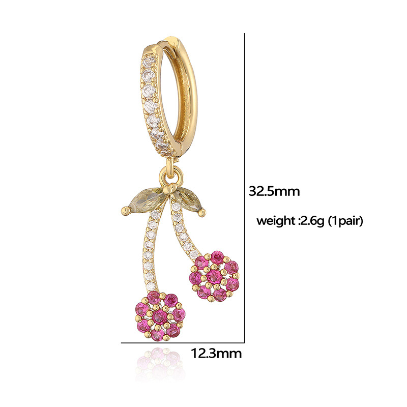 6g Weight Copper Ear Needle Material Zircon Inlay Material Charm Sleeper Hoop Earrings, Earrings Classification 1 Pair Quantity Holiday, Banquet, Daily Occasion Copper Material Cherry, Heart Shape Pattern Women's Gender Inlay Design Sweet Style 1 Pair Sweet Cherry Heart Shape Inlay Copper Zircon Earrings 6