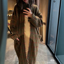 秋冬羊毛混纺红格纹风衣外套毛呢大衣女显瘦中长过膝呢子外套开衫