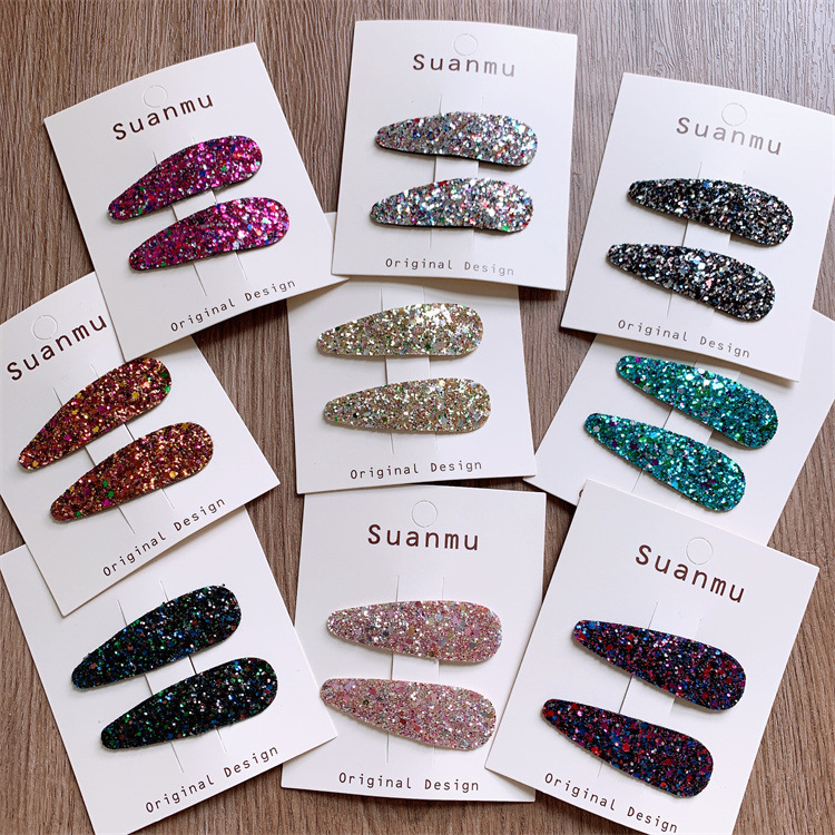 新款兒童亮閃閃布藝髮夾女童側邊劉海夾水滴碎發BB夾對裝發卡頭飾