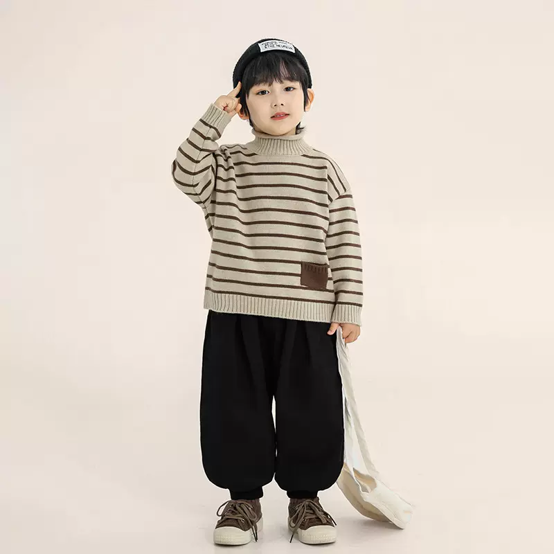 畅果童装男童毛衣高领儿童冬季新款条纹毛线衣中小童韩版套头上衣