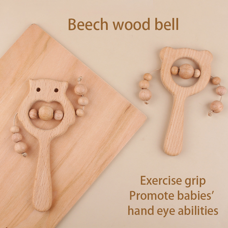 Nuevos dibujos animados DIY palo de haya juguetes de goma de diente búho oso marrón campana juguetes de goma de diente palo de molienda