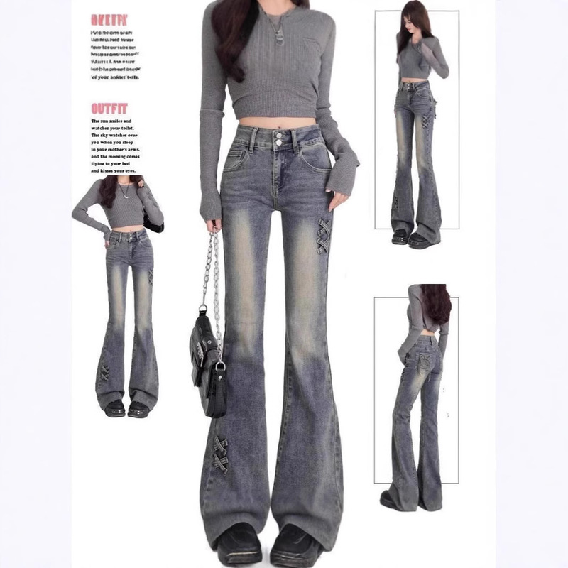 Petite Retro Jeans Spring 2025 New Slim Fit Bow Slimming Design Stretchy Flared Pants Petite Retro Jeans Spring 2025 New Slim Fit Bow Slimming Design Stretchy Flared Pants