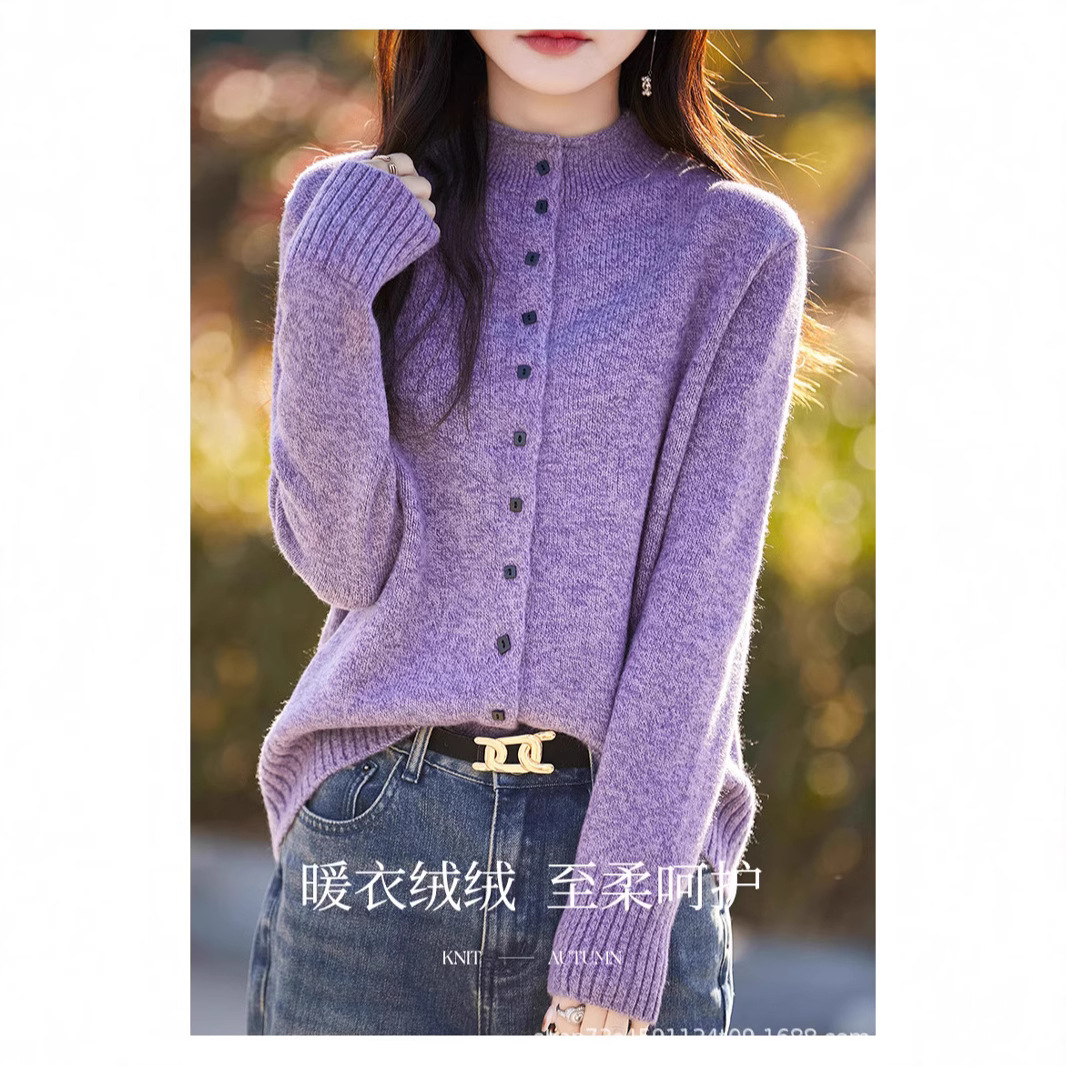 가을과 겨울 2024 새로운 도착 플로린 세미 하이 크루 넥 니트 카디건과 스퀘어 버클 소프트 왁스 따뜻한 루즈 재킷