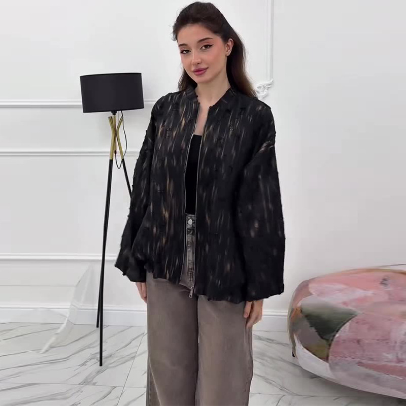 2025年秋季欧美亚马逊跨境外贸女装时尚拉链宽松印花长袖休闲外套