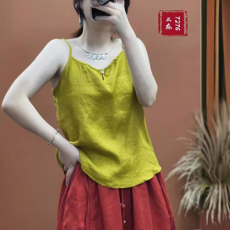 Artistic handmade beaded buckle linen strap artistic retro versatile simple solid color cool temperament versatile vest for women