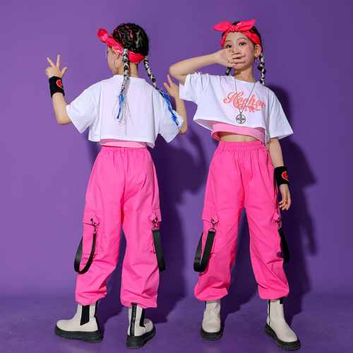 Children girls pink with white jazz hiphop rapaper dance outfits long sleeve short sleeve gogo dancer model show catwalk dance clothes for kids