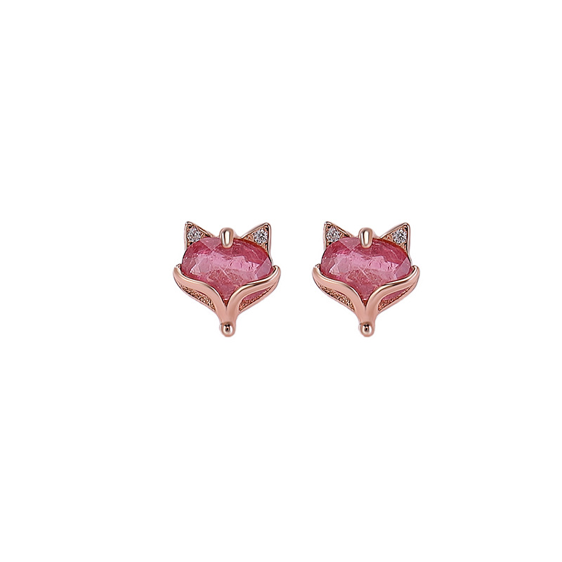 Bông tai bạc S925 mạ vàng hồng đính tourmaline hình cáo phong cách cá tính — Một cặp (màu tourmaline ngẫu nhiên)