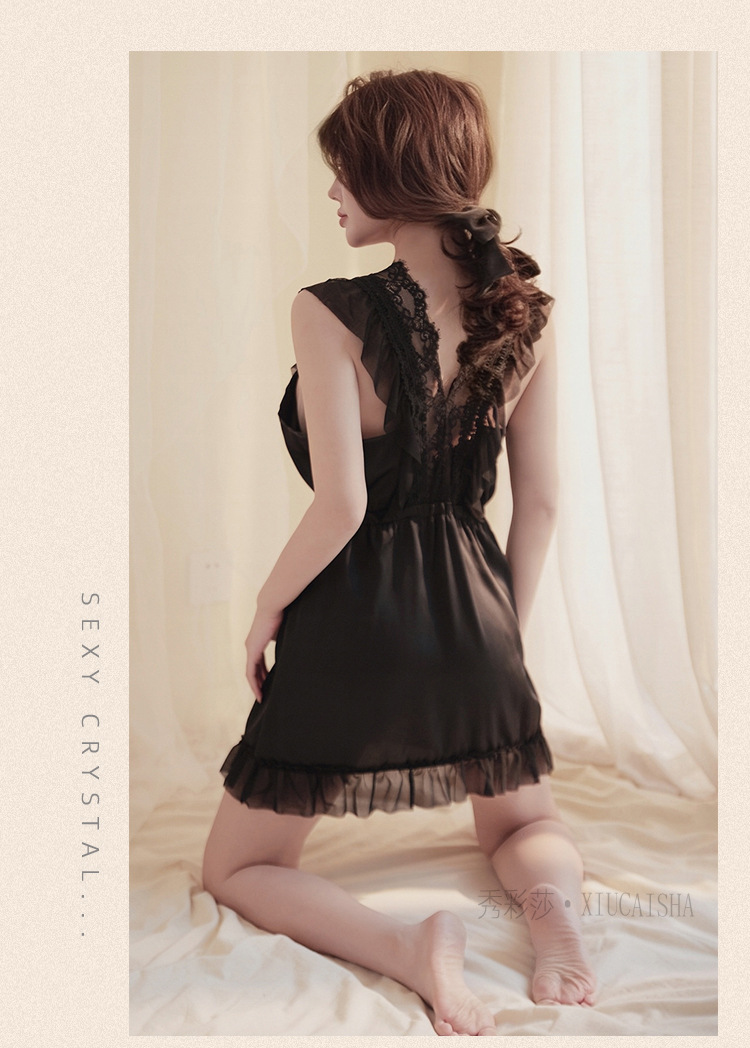Plus Size Lace Babydoll Nightgown, Short Skirt Style, Black One Size — detail image 15