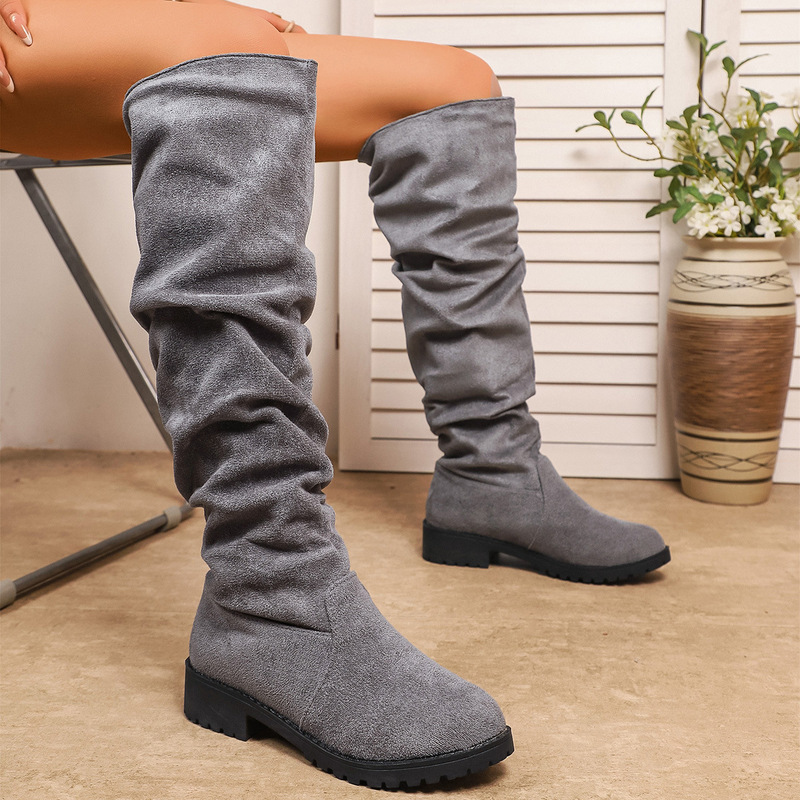 Foreign Trade Large Size Boots for Women 2025 Autumn and Winter New Round Toe Retro Versatile Knee-Length Boots