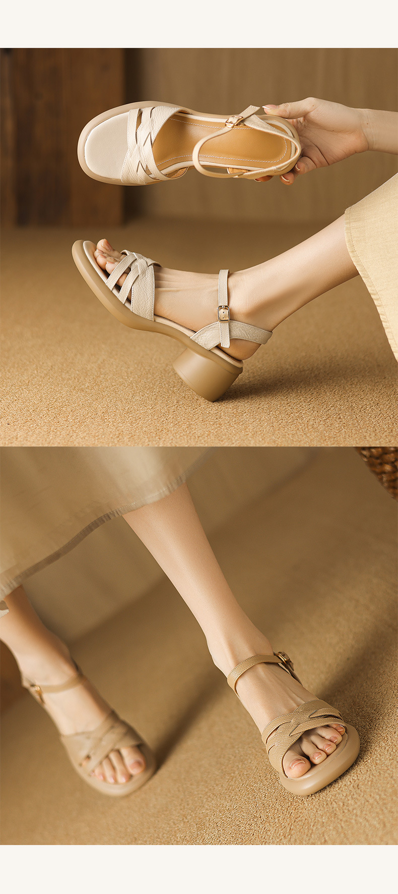 Sandal nữ quai ngang hở mũi da cừu đế dày gót thô 7 cm — Màu trắng be chi tiết 10