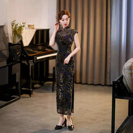复古旗袍2023春夏新款丝绒长款旗袍连衣裙修身显瘦红色宴会旗袍裙