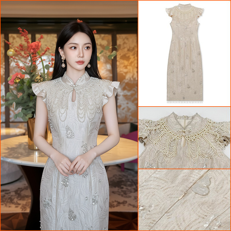 Summer High-End New Chinese-Style Fashion Dress with Traditional Heavy Beading Design, Qipao Dress Zx Model P0402