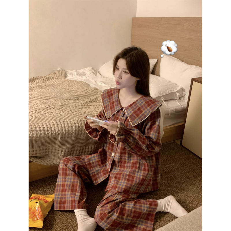 2025 봄 신상품 베이비 칼라 플레드 긴팔 팬츠 카디건 세트 파자마 여성 홈 의류
