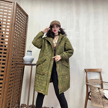 中长款印花棉衣女 2025冬新款复古宽松连帽加棉保暖棉服外套