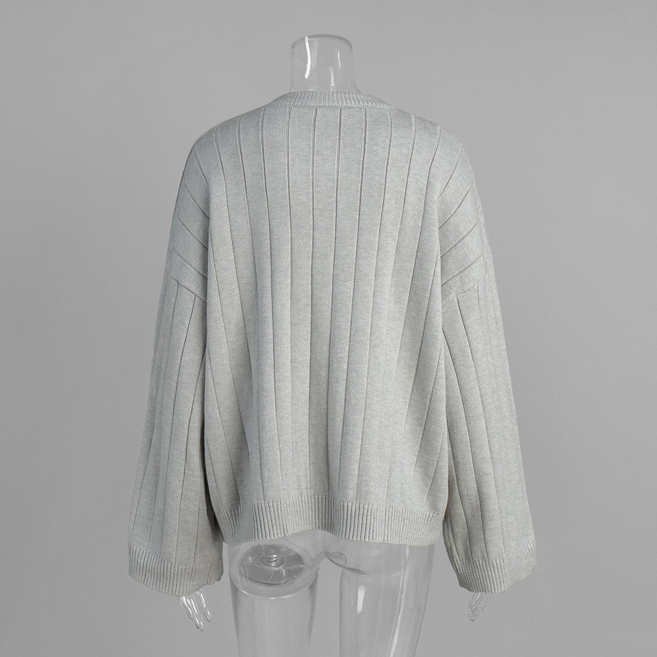 Áo cardigan len dệt kim cổ tròn dáng rộng tay dài nữ — màu vàng, màu xám nhạt chi tiết 7
