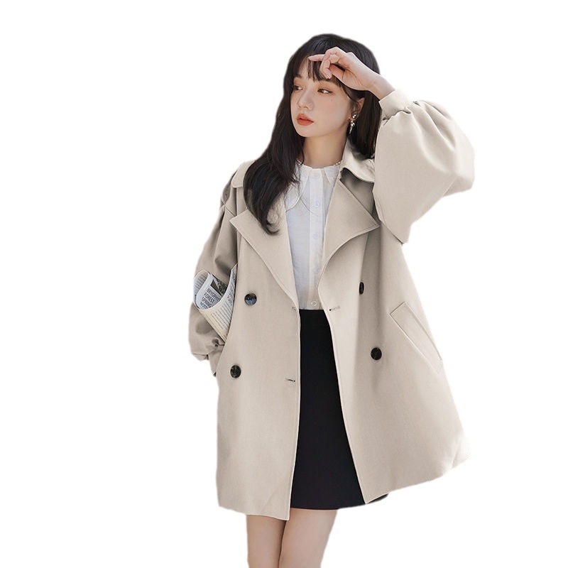 ng2510292 Brown Short Trench For Women, Loose Fit, Spring And Autumn Wear, New Korean Style, Ins-inspired, Petite Lantern Sleeve_ecoleips.com