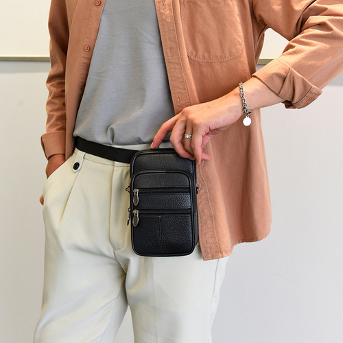 Authentic leather phone bag for men, waist bag with multiple functions, casual crossbody small bag, street vendor men's waist bag, factory wholesale