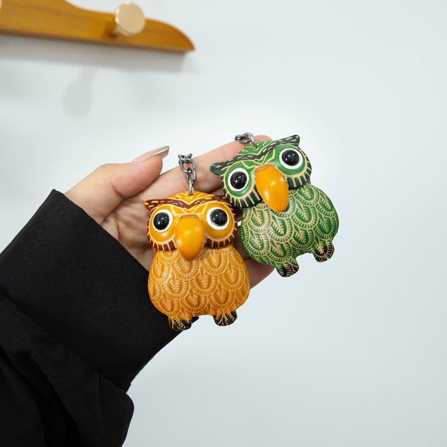 Owl Keychain – Handmade Genuine Leather Animal Charm For Bags & Keys, Cute Cartoon Design (Yellow/Green/Red)_voghion.com