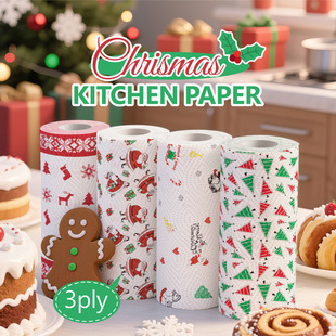Cross-Border Recommended Printed Oil-Absorbing Kitchen 3-Layer Paper Sushi Baking Absorbent Paper Kitchen Christmas Printed Pattern Roll Paper