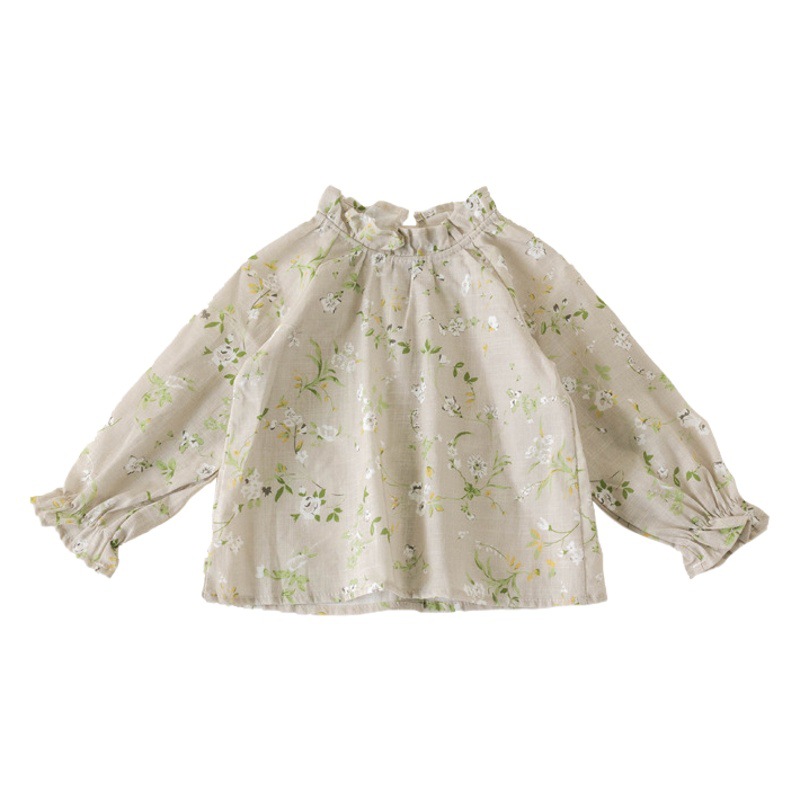 Camisa de cuello de volantes bordados de manga larga para niños 2024 Primavera/Verano suave piel de lino de color sólido para niños y niñas