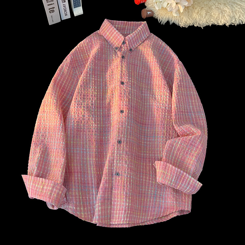 Bubble Gauze Plaid Long Sleeve Men's Spring And Autumn Trendy American Retro Shirt Fashionable Versatile Turn-down_voghion.com