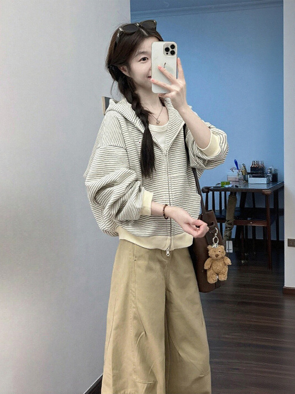 韩系慵懒风条纹拉链连帽卫衣外套女2025新款秋冬百搭显瘦开衫上衣|undefined