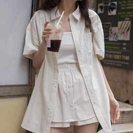 胖MM大码300斤法式条纹衬衫套装女夏季新款小个子休闲短裤两件套