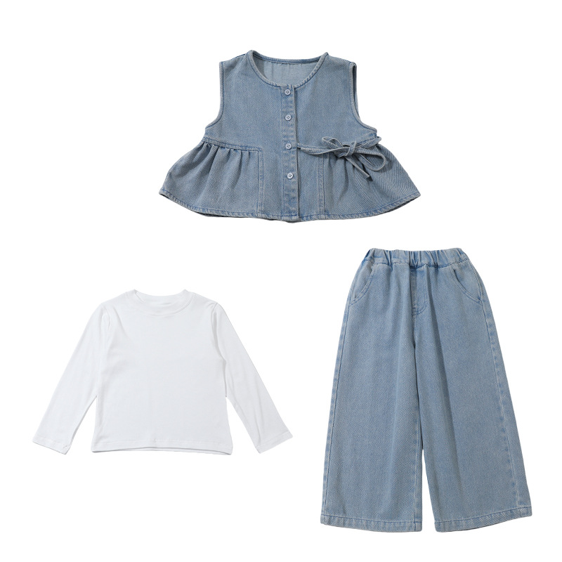 Conjunto casual para niñas de mezclilla con cordón, tres piezas – moda primavera-otoño 2024.