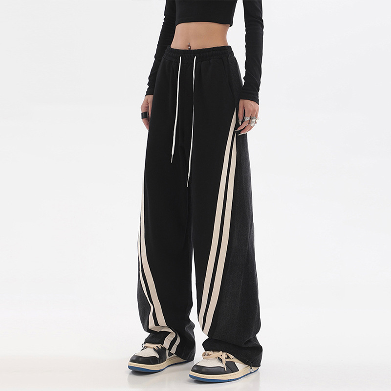 2023 Cross-border Stitching Jeans American Style High Street Loose Wide-leg Pants Women's Fashionable Autumn Street Dance Sports Casual Pants 2023 Cross-border Stitching Jeans American Style High Street Loose Wide-leg Pants Women's Fashionable Autumn Street Dance Sports Casual Pants