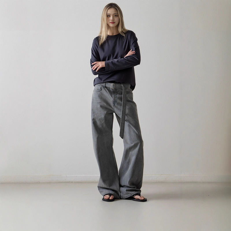 Korean Designer Fac*Depat* Detachable Belt Jeans for Women, Vintage Washed Distressed Long Pants