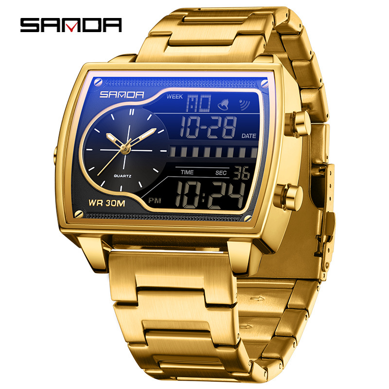 SANDA SANDA 6163 nuevo reloj electrónico de moda doble pantalla multifuncional reloj de hombre impermeable calendario de luz nocturna reloj de hombre