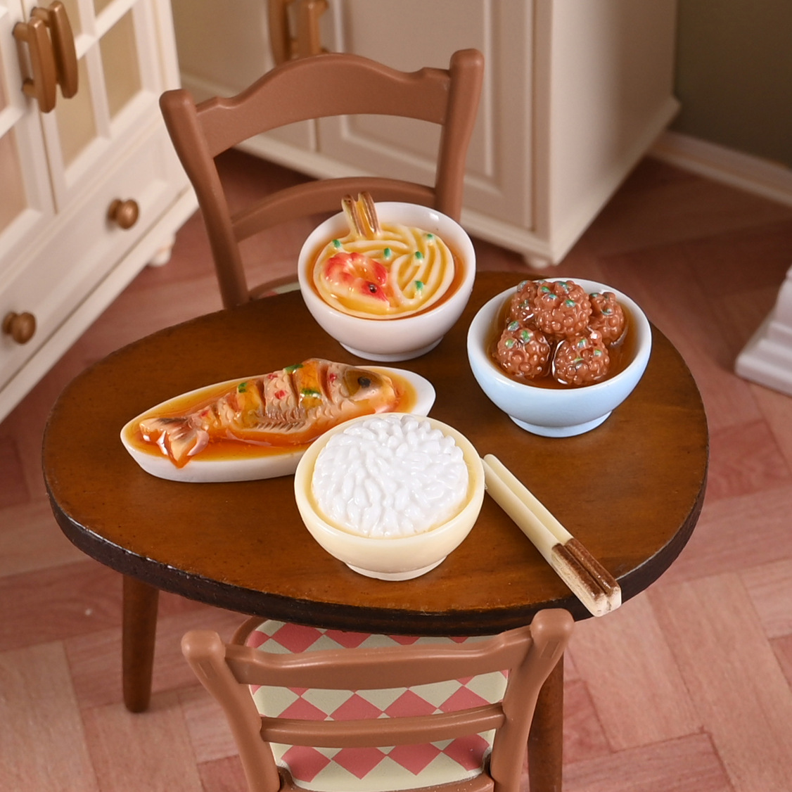 树脂仿真微缩中餐 红烧鱼 四喜丸子 鲜虾面 diy娃娃屋厨房摆件
