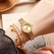 2pcs/set小众简约圆形镶钻表盘钢带手表+双层设计感手链套装