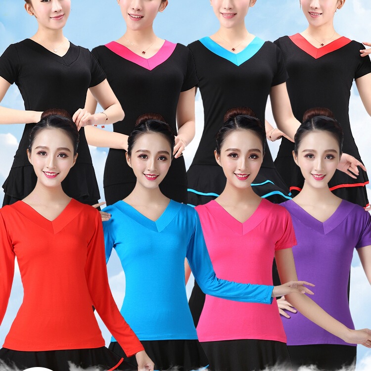 Square Dance Clothing Women's Short-Sleeved Tops Middle-Aged and Elderly Modal V Neck T-Shirt Practice Clothes Aerobics Fitness Dance Clothes