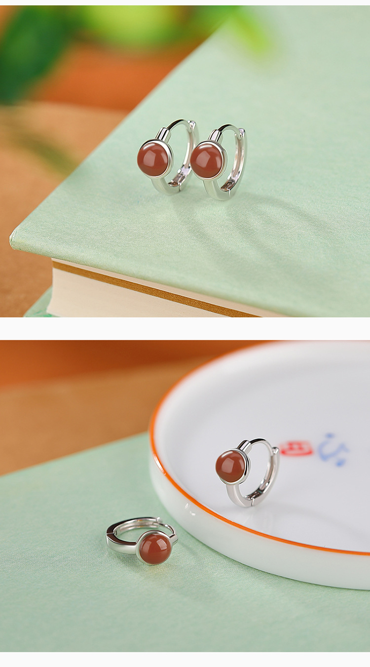 Bông tai kẹp tai nữ bạc S925 mạ vàng đính đá jasper đỏ hình hạt tròn phong cách đơn giản — Kiểu jasper màu bạc chi tiết 11