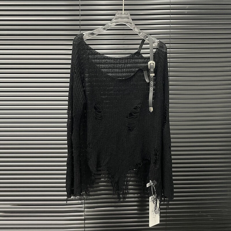 2025 summer new hollow hole open shoulder sweater women's niche design feeling irregular long sleeve top