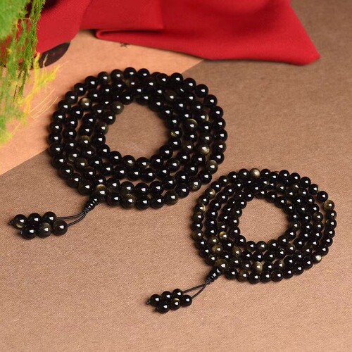 【Certificate Available】Natural Golden Sunstone 108-Count Buddhist Rosary Beads Black Obsidian Bracelet Men and Women's Jewelry