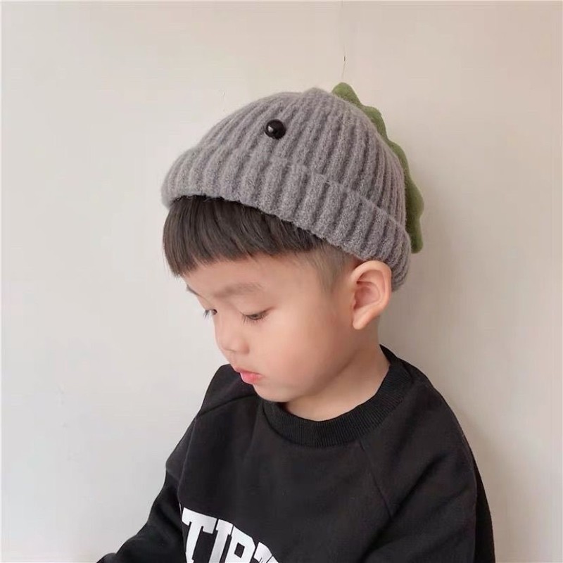 新しい子供用帽子秋と冬プラスベルベットかわいい恐竜耳保護帽子男性と女性のためのベビーニットプルオーバー帽子暖かい韓国語版|undefined